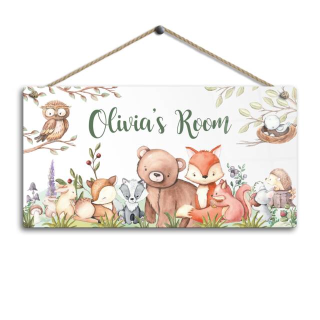 Personalised Room Sign With Childs Name - Woodland Animal Theme. Gloss Metal Wall Art. Baby, Toddler, Infant Bedroom - image 1