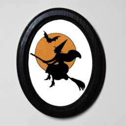 Halloween Black Oval Wooden Framed Picture, 3 X 4 Gothic Print, Witchy Wall Hanging, Witch Flying With Bat - thumbnail 1