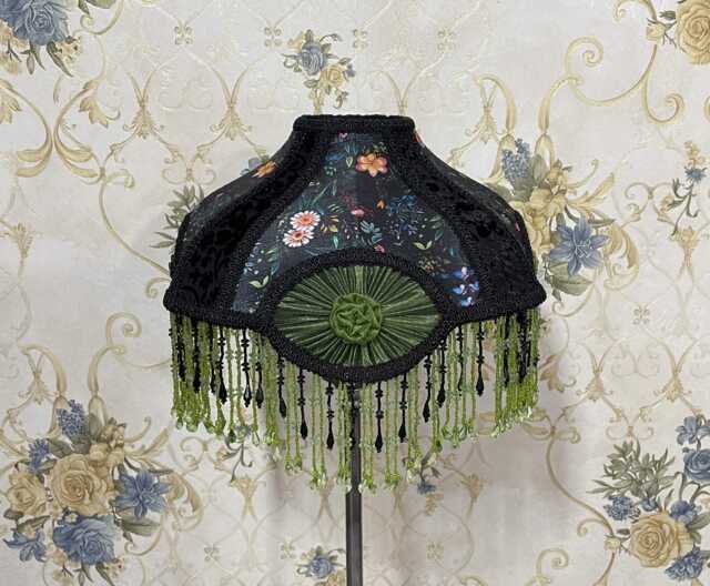 Floral Print Lampshade Gothic Velvet With Beaded Fringe - image 1