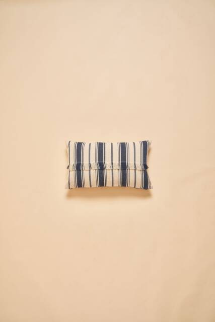 Woven Striped Nautical Indigo Blue & Ivory Cushion Cover With A Fringe in The Middle, Metallic Zip, Leather Zipper - 14x24Inch 33x60cm - image 1