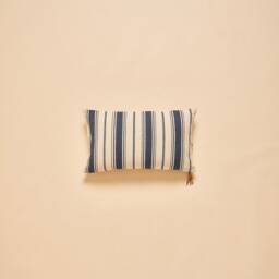 Woven Striped Nautical Indigo Blue & Ivory Cushion Cover With A Fringe in The Middle, Metallic Zip, Leather Zipper - 14x24Inch 33x60cm - thumbnail 2
