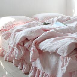 Frilled Linen Bedding Set, Duvet Cover With Ruffles From Three Sides, Buttons Closure, Ruffled Pillowcases, Organic Flax, Pink - thumbnail 4