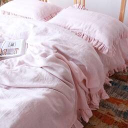 Frilled Linen Bedding Set, Duvet Cover With Ruffles From Three Sides, Buttons Closure, Ruffled Pillowcases, Organic Flax, Pink