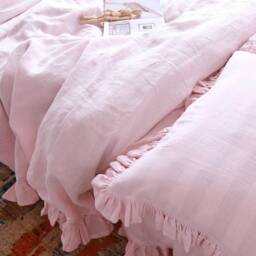 Frilled Linen Bedding Set, Duvet Cover With Ruffles From Three Sides, Buttons Closure, Ruffled Pillowcases, Organic Flax, Pink - thumbnail 2