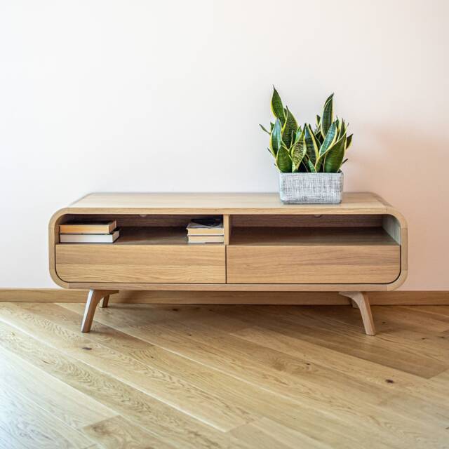Solid Oak Tv Stand, Vinyl Record Storage, Modern Console - image 1