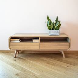 Solid Oak Tv Stand, Vinyl Record Storage, Modern Console - thumbnail 1