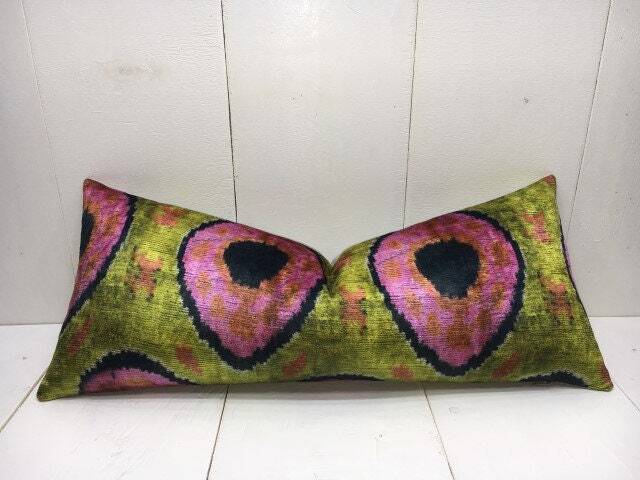 Handwoven Velvet Ikat Pillow Cover, Silk Cushion - 10x24 - image 1