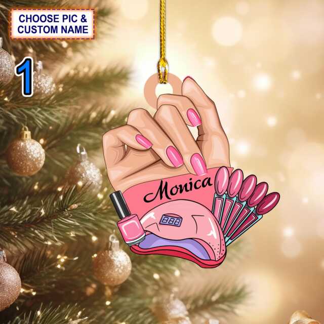 Custom Name Nail Technician Manicurist Christmas Ornament, Tree Hanging Decor, Flat 2D Ornament Acrylic/ Wooden - image 1