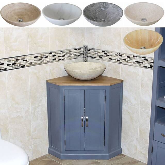 Grey Painted Bathroom Vanity Unit Oak Top Cabinet Corner Wash Stand & Marble Stone Basin 501Bgsbc - image 1