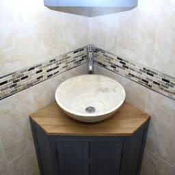 Grey Painted Bathroom Vanity Unit Oak Top Cabinet Corner Wash Stand & Marble Stone Basin 501Bgsbc - thumbnail 2
