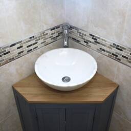 Grey Painted Bathroom Vanity Unit Oak Top Cabinet Corner Wash Stand & Marble Stone Basin 501Bgsbc - thumbnail 3