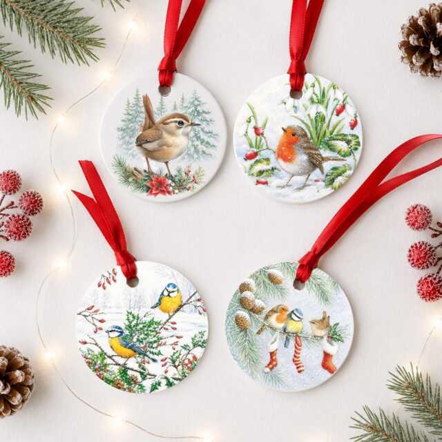 Set Of 4 Wooden Bird Christmas Tree Decorations - Robin Blue Tit & Wren Ornaments British Garden Birds - image 1