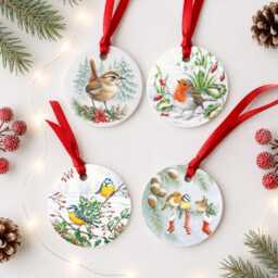 Set Of 4 Wooden Bird Christmas Tree Decorations - Robin Blue Tit & Wren Ornaments British Garden Birds - thumbnail 1