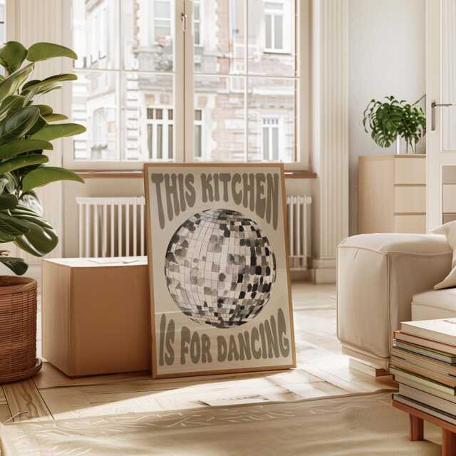This Kitchen Is For Dancing Print, Disco Ball, Retro Poster, Trendy Poster Wall Art, Prints, Decor Neutral Beige 2875 - image 1