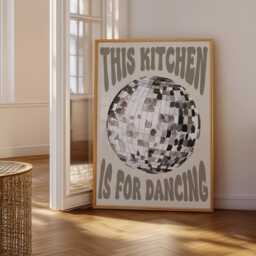 This Kitchen Is For Dancing Print, Disco Ball, Retro Poster, Trendy Poster Wall Art, Prints, Decor Neutral Beige 2875 - thumbnail 2