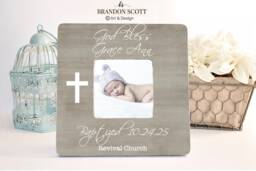 Personalized Baptism Gift Real Wood Picture Frame, God Bless, Christening Gift, Baptism Frame, Gift For Godson Goddaughter Godchild - thumbnail 1