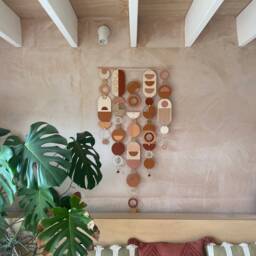 Mid-Century Modern Wall Hanging - Handmade Plywood & Ceramic Art With Gold Accents