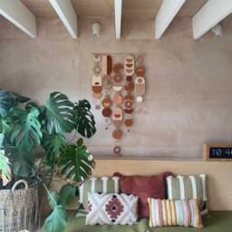 Mid-Century Modern Wall Hanging - Handmade Plywood & Ceramic Art With Gold Accents - thumbnail 4