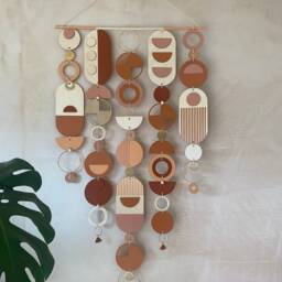 Mid-Century Modern Wall Hanging - Handmade Plywood & Ceramic Art With Gold Accents - thumbnail 3