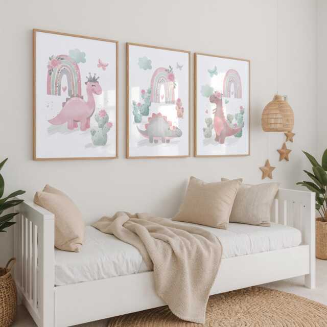 Pastel Dinosaur Prints Girls Nursery Decor, Rainbow Wall Art - Set Of 3 - image 1