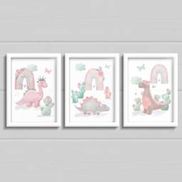 Pastel Dinosaur Prints Girls Nursery Decor, Rainbow Wall Art - Set Of 3 - thumbnail 3