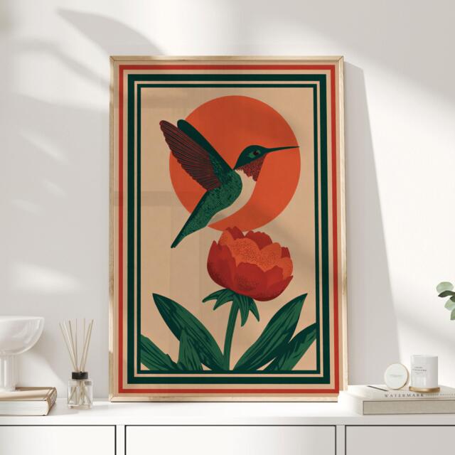 Hummingbird Wall Art - Japanese Folk Print in Red & Green Mid-Century Modern Botanical Poster Retro Nature Decor - image 1