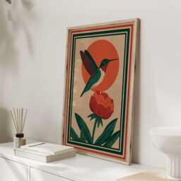 Hummingbird Wall Art - Japanese Folk Print in Red & Green Mid-Century Modern Botanical Poster Retro Nature Decor - thumbnail 2