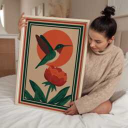 Hummingbird Wall Art - Japanese Folk Print in Red & Green Mid-Century Modern Botanical Poster Retro Nature Decor - thumbnail 3