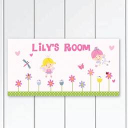 Fairies Girls Personalized Door Sign With Flowers & Butterflies, Bedroom Wall Hanging, Nursery Door Sign Art - thumbnail 1