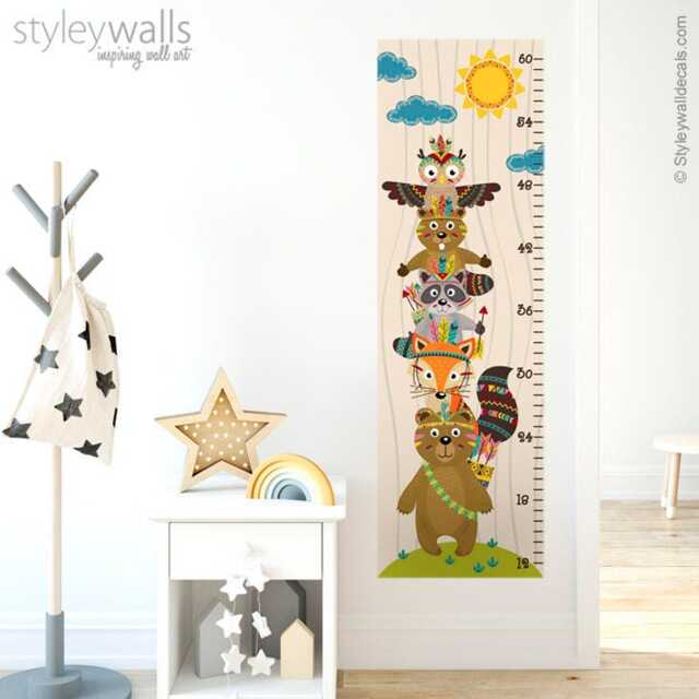 Kids Growth Chart Wall Decal, Animals Height Forest Sticker, Bear Fox Owl Nursery Decor - image 1