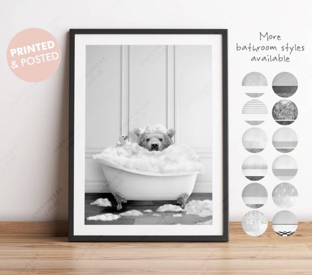 Black & White Bear Looking Forward in A Bath Print, Bathing, Funny Bathroom Animal Bathtub, Tub Print, Whimsy - image 1