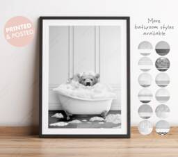 Black & White Bear Looking Forward in A Bath Print, Bathing, Funny Bathroom Animal Bathtub, Tub Print, Whimsy - thumbnail 1