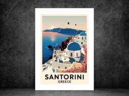 Santorini Greece Travel Poster - Vintage Wall Print Seaside Holiday Destination Scenic Art A5 A4 A3 Framed Or Unframed