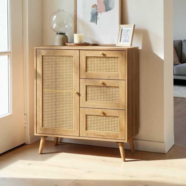 Rattan Sideboard Cabinet Manila Oak 1 Door 3 Drawer Storage Unit - image 1
