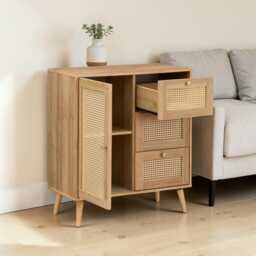 Rattan Sideboard Cabinet Manila Oak 1 Door 3 Drawer Storage Unit - thumbnail 2