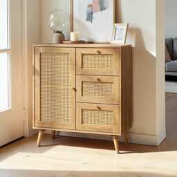 Rattan Sideboard Cabinet Manila Oak 1 Door 3 Drawer Storage Unit - thumbnail 1
