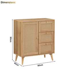 Rattan Sideboard Cabinet Manila Oak 1 Door 3 Drawer Storage Unit - thumbnail 4