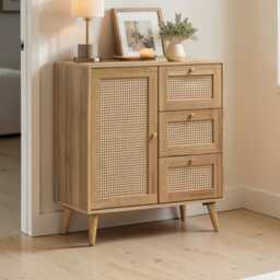 Rattan Sideboard Cabinet Manila Oak 1 Door 3 Drawer Storage Unit - thumbnail 3