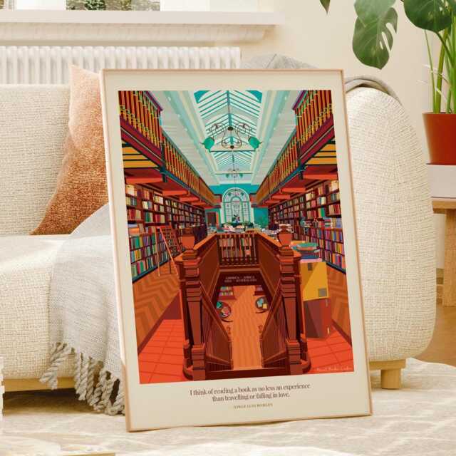 Daunt Books London Bookstore Art Print Bookshop Scene, Borges Quote - Book Lover Gift Cat in A Travel Print - image 1