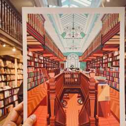 Daunt Books London Bookstore Art Print Bookshop Scene, Borges Quote - Book Lover Gift Cat in A Travel Print - thumbnail 2