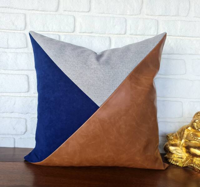 Cognac Faux Leather Pillow Cover Navy Blue & Gray Triangle Design - 20x20'' - image 1