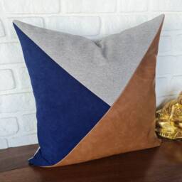 Cognac Faux Leather Pillow Cover Navy Blue & Gray Triangle Design - 20x20'' - thumbnail 2