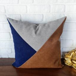 Cognac Faux Leather Pillow Cover Navy Blue & Gray Triangle Design - 20x20'' - thumbnail 3