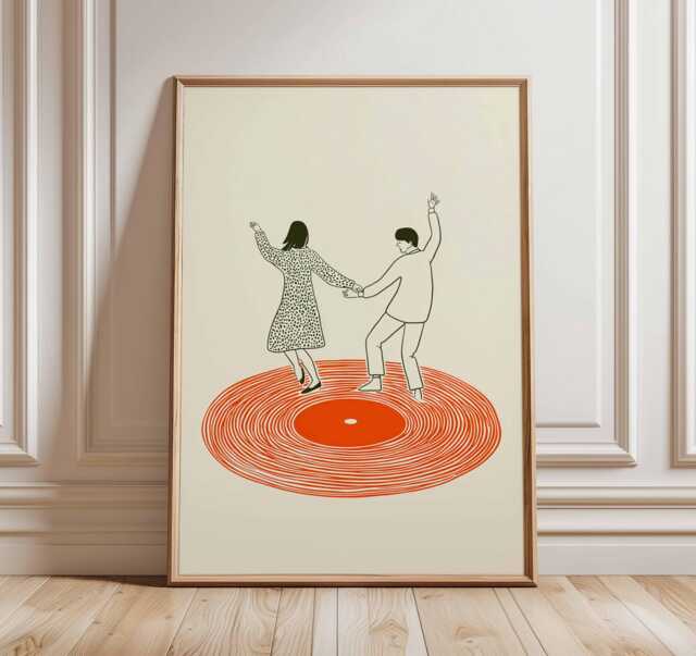 Dancing Couple Wall Art Print, Retro Record Player Poster, Modern Music Inspired Illustration For Home Bar Or Living Room - image 1