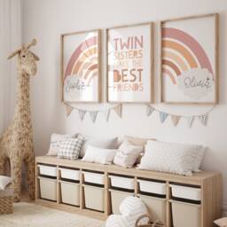Twins Bedroom Prints, Boho Rainbow Brother Sister Sibling Wall Art, Shared Bedroom, Set Of 3, Playroom - thumbnail 1