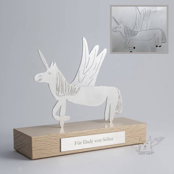 Handmade Silver Personalized Single Figured Unicorn Tabletop Sculpture, Gifts From Your Child's Art, Unique Gift For Dad - image 1
