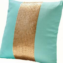 Spring Pillow, Teal Gold Pillow Covers, Decorative Pillows, Throw Silk Color Block Sequin Pillows - thumbnail 3