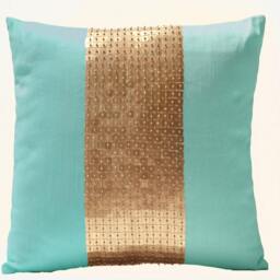 Spring Pillow, Teal Gold Pillow Covers, Decorative Pillows, Throw Silk Color Block Sequin Pillows - thumbnail 2