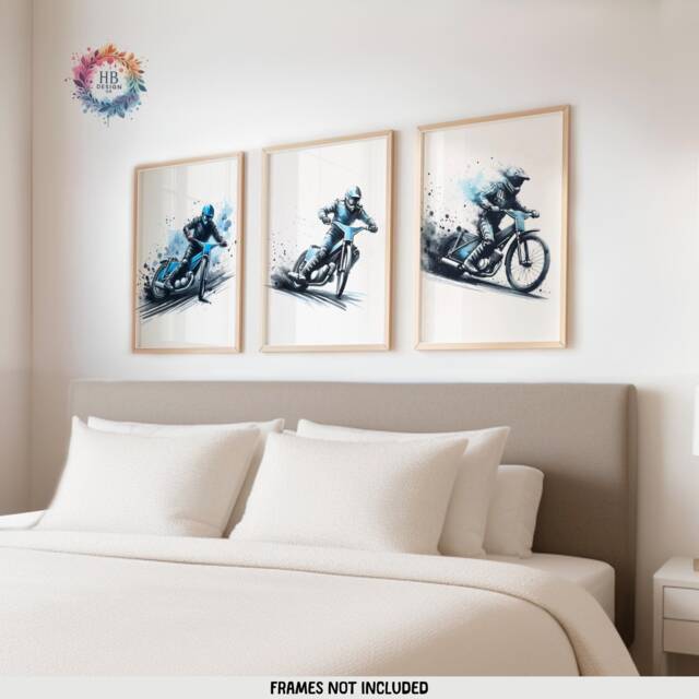 Speedway Wall Art - Set Of 3 Prints - Motorcycle Print Motocross Posters Motor Bike Artwork Boys Room Decor Blue Dirt - image 1