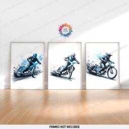 Speedway Wall Art - Set Of 3 Prints - Motorcycle Print Motocross Posters Motor Bike Artwork Boys Room Decor Blue Dirt - thumbnail 2